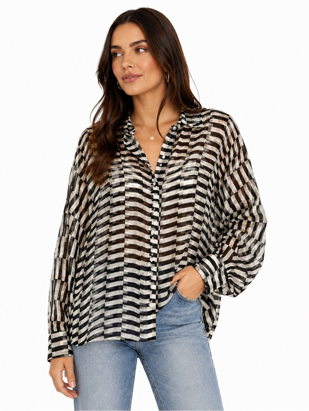 Zara NWT Sheer Black White Striped Oversized Button Front Blouse Size Small